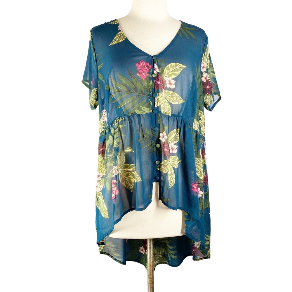 Torrid Blouse Floral Tropical Sheer High Low Top Womens Size 10 M/L 00